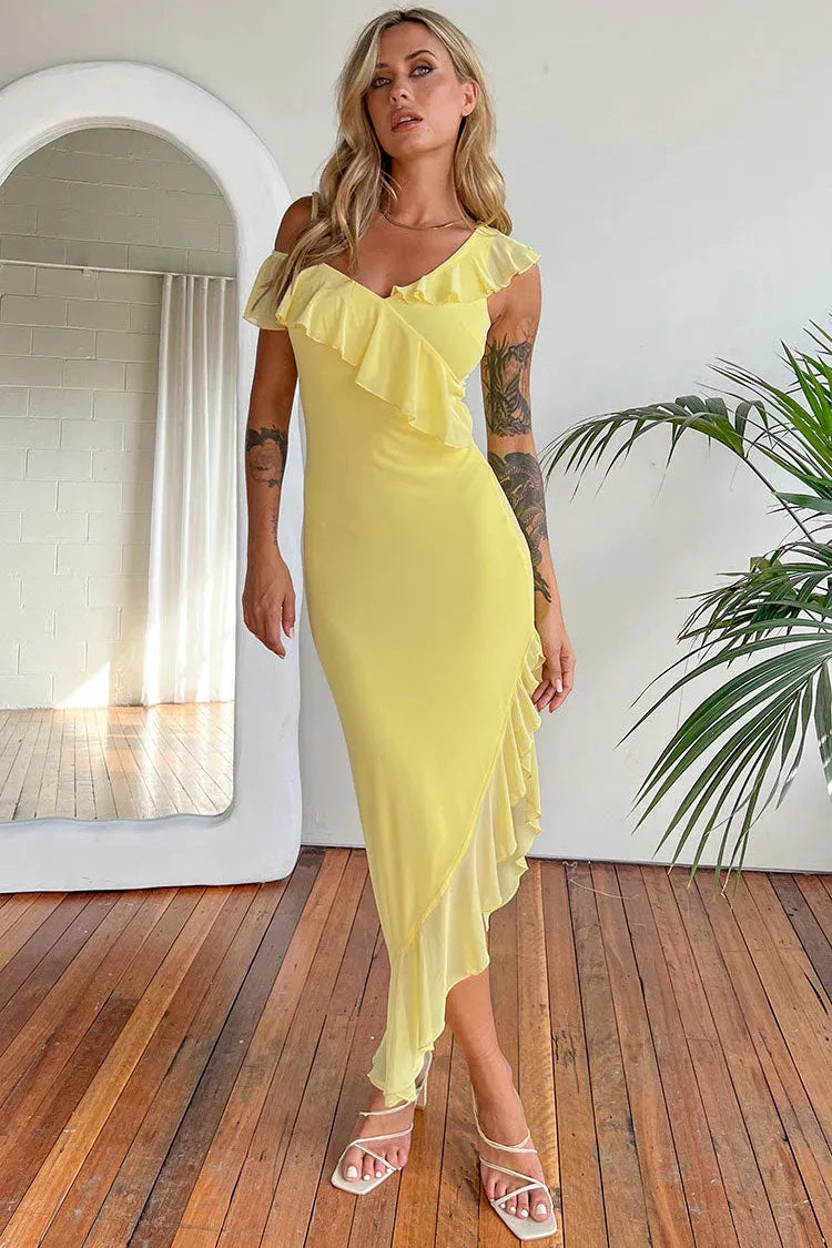 Yellow Ruffle Mesh Midi